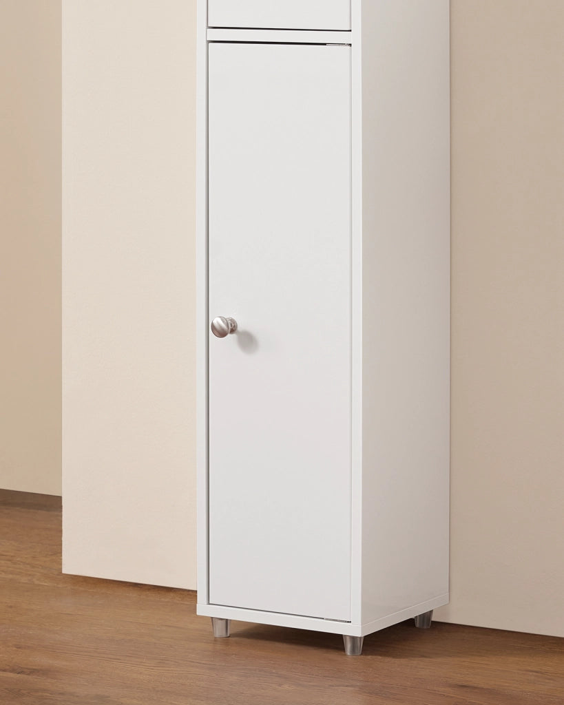 SoBuy Armadio colonna bagno, Mobile alto con 2 Ante e 1 cassetto, Mobiletto salvaspazio per Bagno, Lavanderia, WC o Cucina 20x20x180 Bianco Lucido BZR167-GW