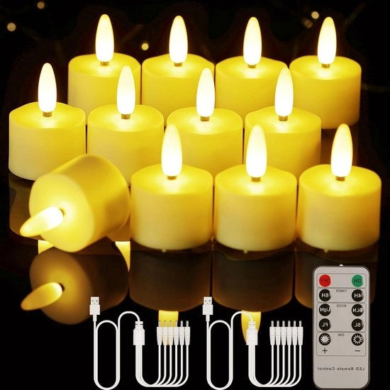 Luminarie a LED ricaricabili con telecomando e orologio - 12 pezzi di candele a LED che fanno fiamma per Natale e matrimoni (3D caldo bianco)