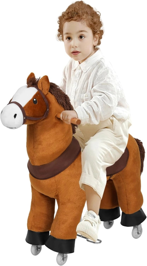 Cavallo a Dondolo su Ruote per Bambini, Cavalluccio Cavalcabile in Peluche con Suoni, per Interni ed Esterni, Giocattolo da 3 Anni, Struttura in Legno e Metallo, Marrone