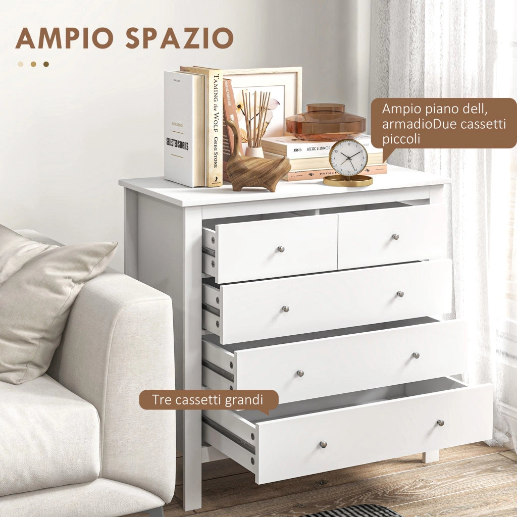 Cassettiera a 5 Cassetti 79x39,5x80,5 cm in Legno Bianco