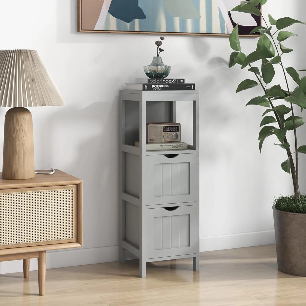 Mobile Bagno Stoccaggio a 3 Livelli, Colonna Bagno Cassettiera Armadio con Mensola Aperta e 2 Cassetti, Armadio su Piede per Soggiorno, Cucina, WC, 30 x 30 x 90 cm (Grigio)