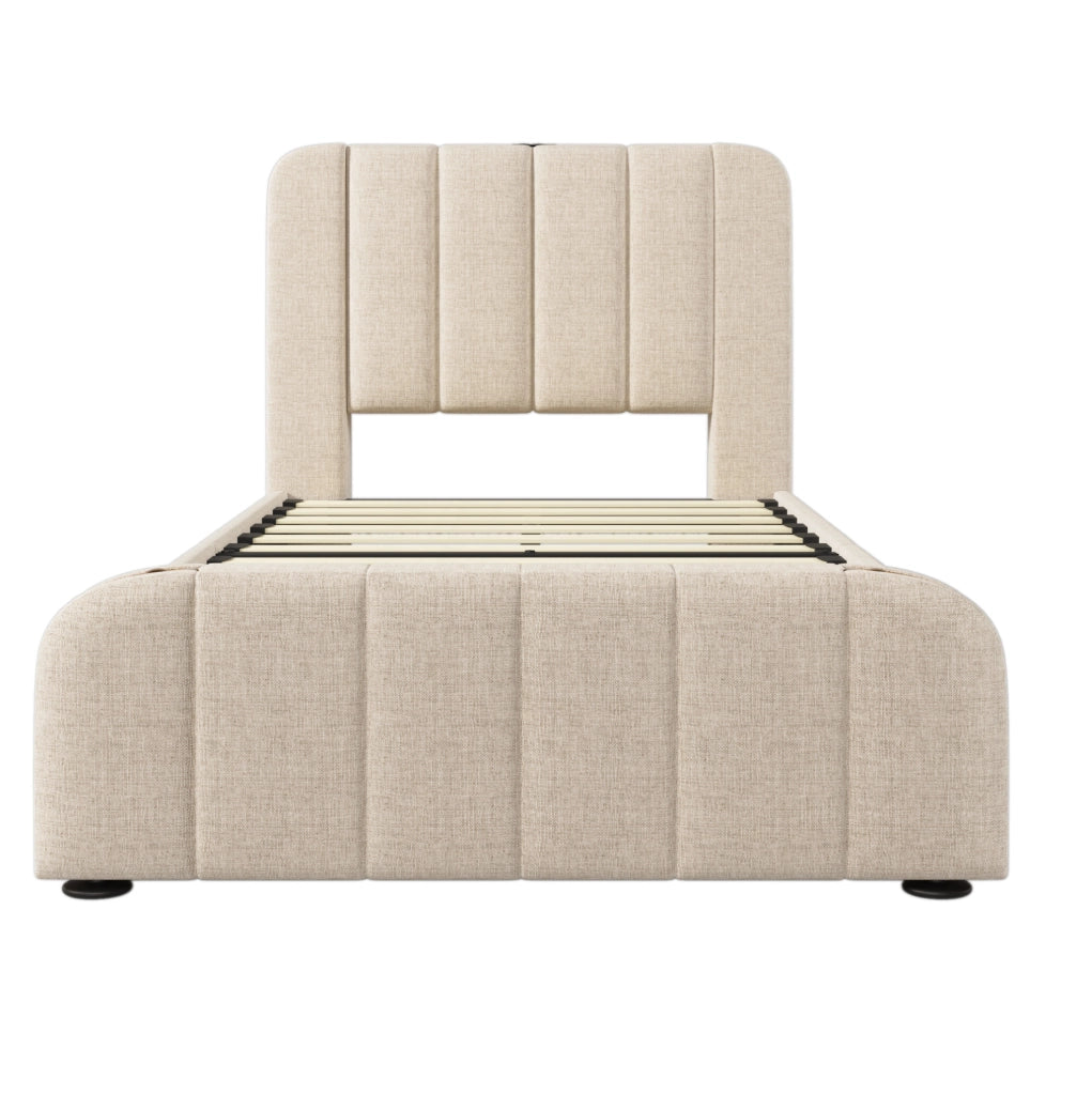 Letto singolo imbottito 90x200 cm con 4 cassetti, USB e materasso incluso