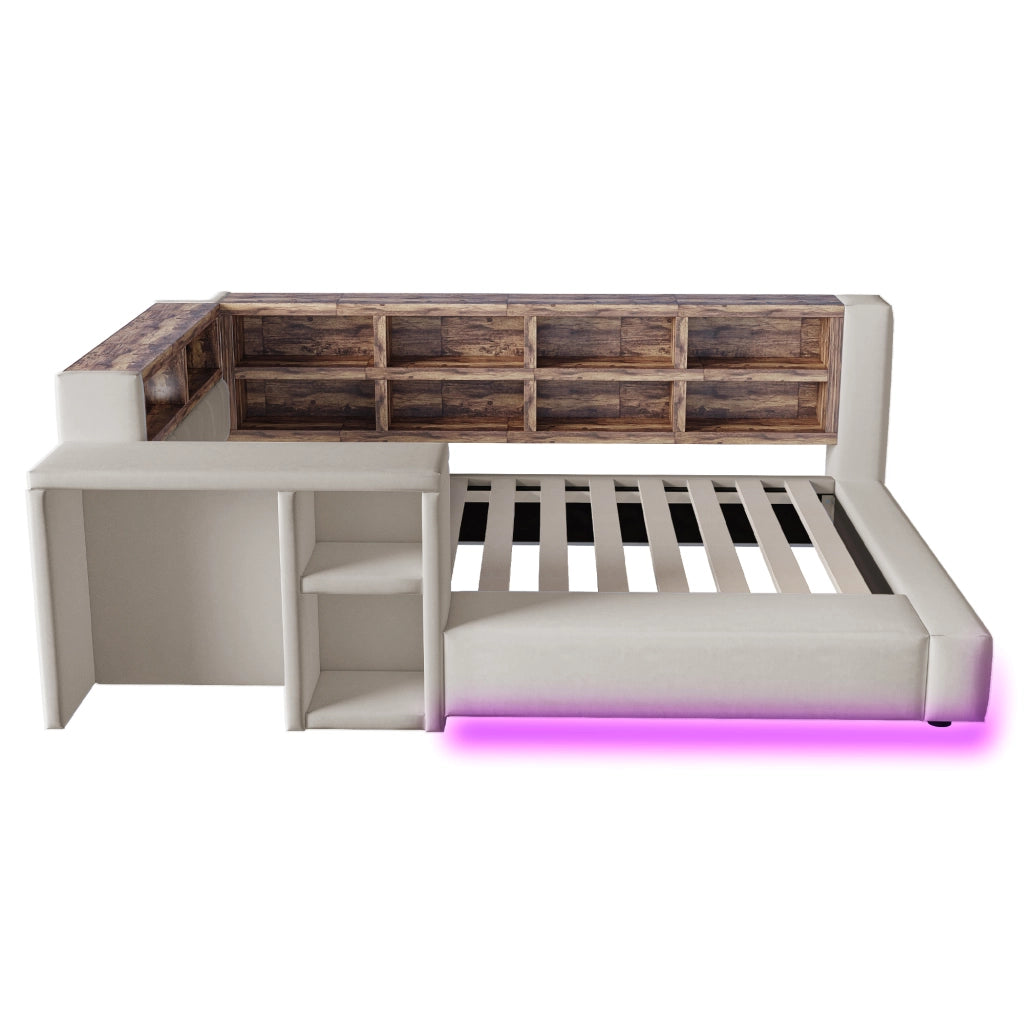 Letto imbottito 90 x 200 cm con testiera imbottita, vani contenitore integrati, LED, prese e comodino laterale, grigio chiaro