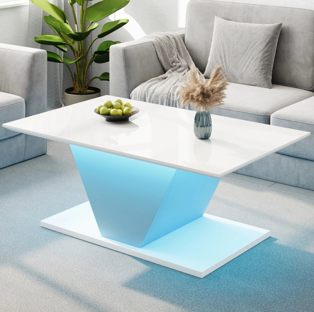 Tavolino da salotto bianco con LED, piano lucido e design a V