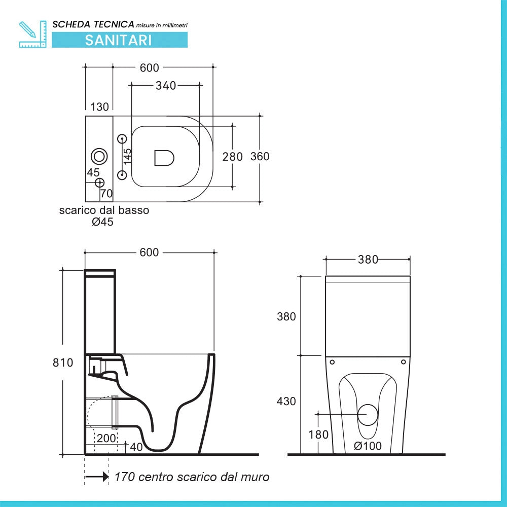 Set sanitari in ceramica bianco filomuro monoblocco rimless con copriwc Kyoto