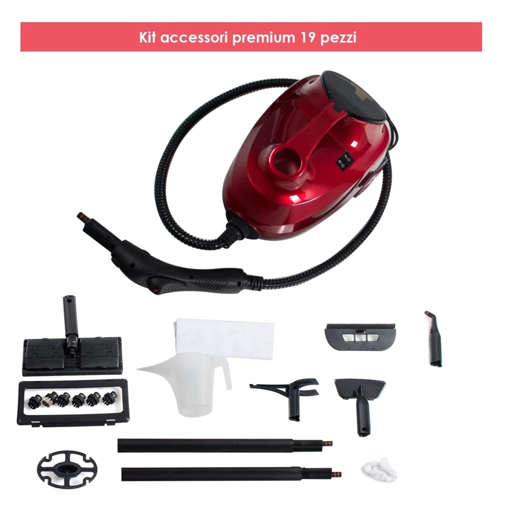 Pulitore a vapore-Elettrodomestici pulizia con 19 accessori e serbatoio da 1,5 litri per pulizia tappeti pavimenti finestre 2000W Rosso