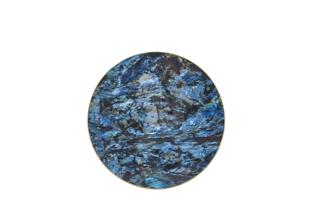 Tavolino basso rotondo con piano effetto marmo, bordo metallico dorato e base stabile, per soggiorno 60 × 73,7 cm