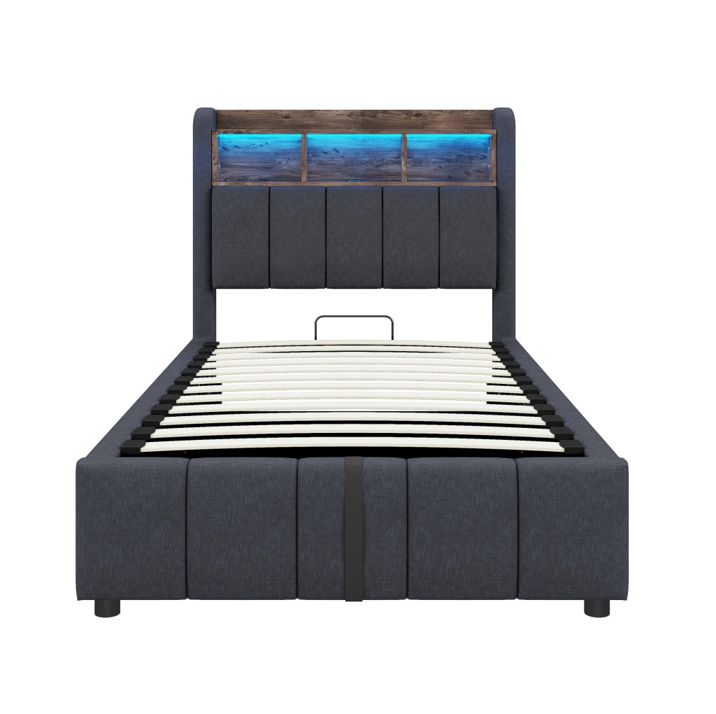 Letto imbottito 90x200 cm con contenitore; LED e porte USB e Type-C in lino grigio