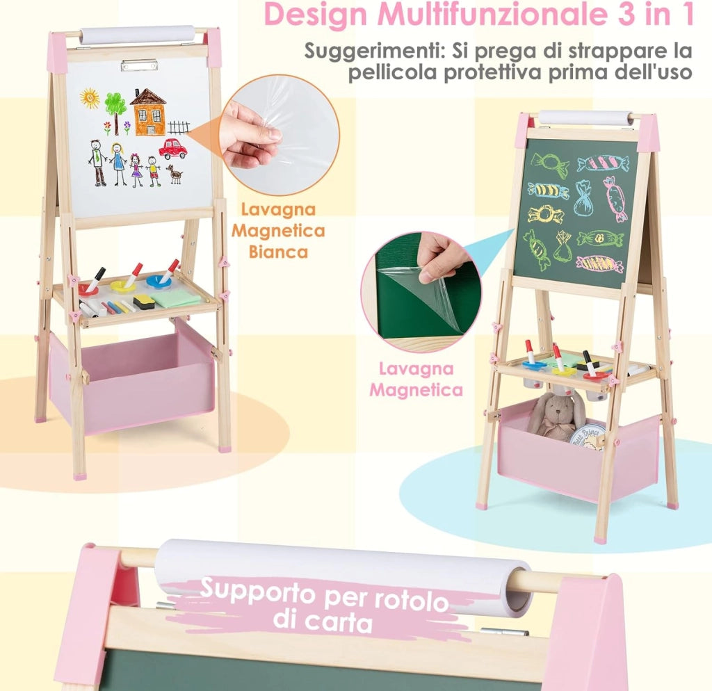 Cavalletto per Bambini Regolabile in Altezza in Legno, Cavalletto a Doppio Lato con Lavagna Magnetica e Bianca, con Scatola, Magneti con Lettere e Numeri, per Bambini 3-8 Anni (Rosa)