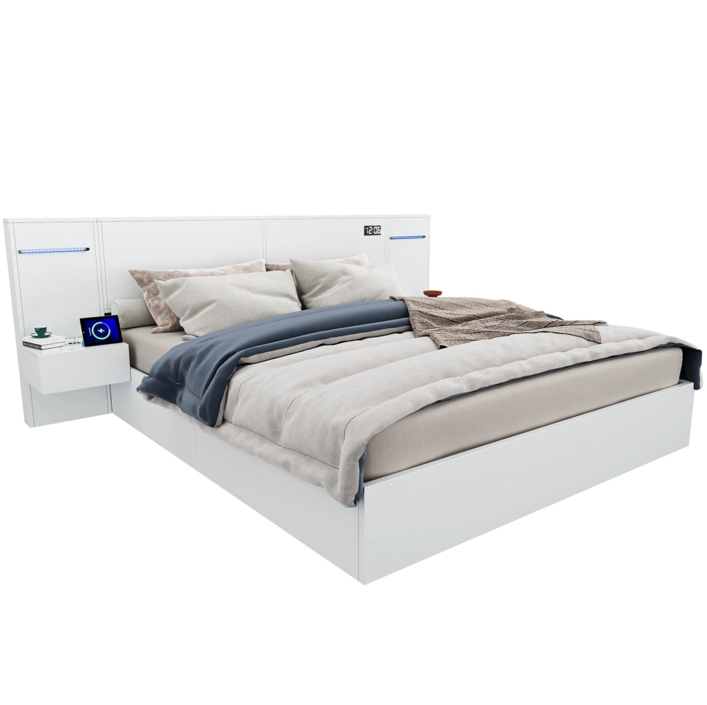 Letto 160x200 cm con Bluetooth; USB-A e USB-C; orologio elettronico e luce colorata; MDF bianco