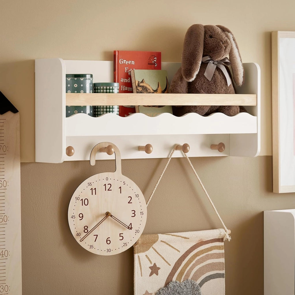 Libreria per bambini Mensola a muro Appendiabiti bambini con cinque ganci Bianco 73x15x30cm KMB78-W