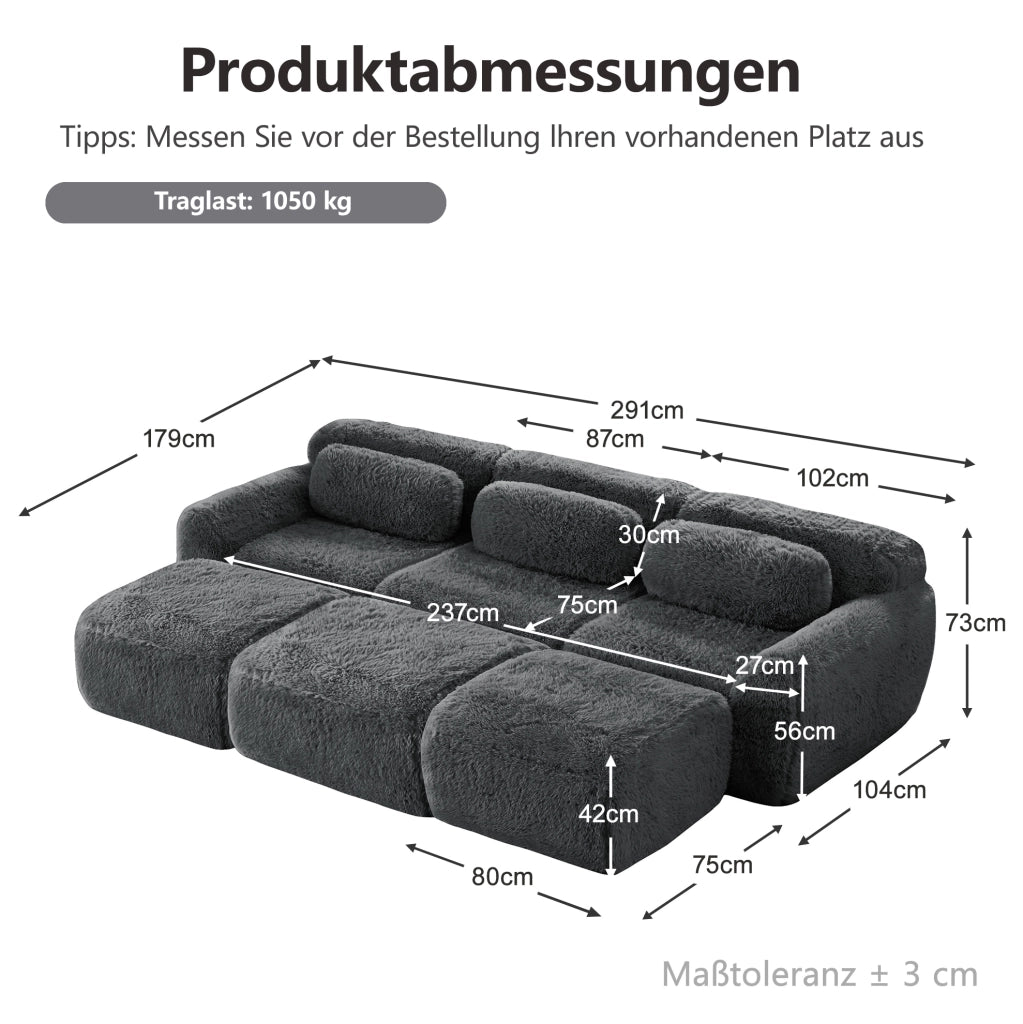 Divano modulare senza struttura in tessuto plush; 291x179x73 cm; grigio