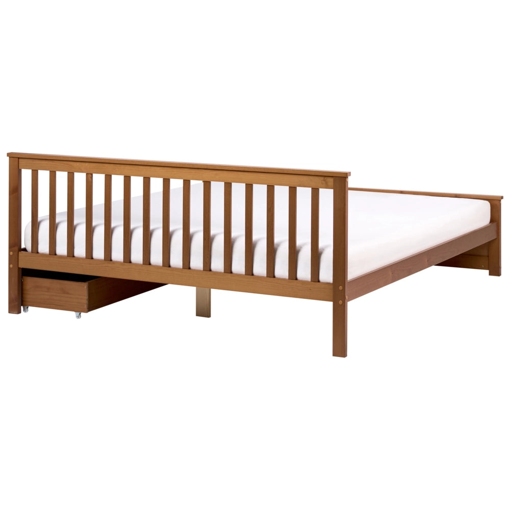 Letto matrimoniale in legno di Pino marrone con contenitore e 2 cassetti 180 x 200 cm Testiera a doghe minimalista
