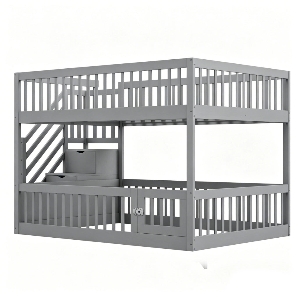 Letto a castello 140x200 cm con scala contenitore e letto inferiore apribile in legno grigio