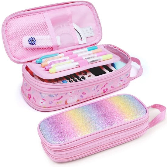 Etui Uitbreidbare per Bambine - Etui con Grande Capacità per Bambine per Scuola, Etui Carino per Bambini, 2 Cestelli e Portapenne Interno, Solo Etui (Unicorno Rosa)