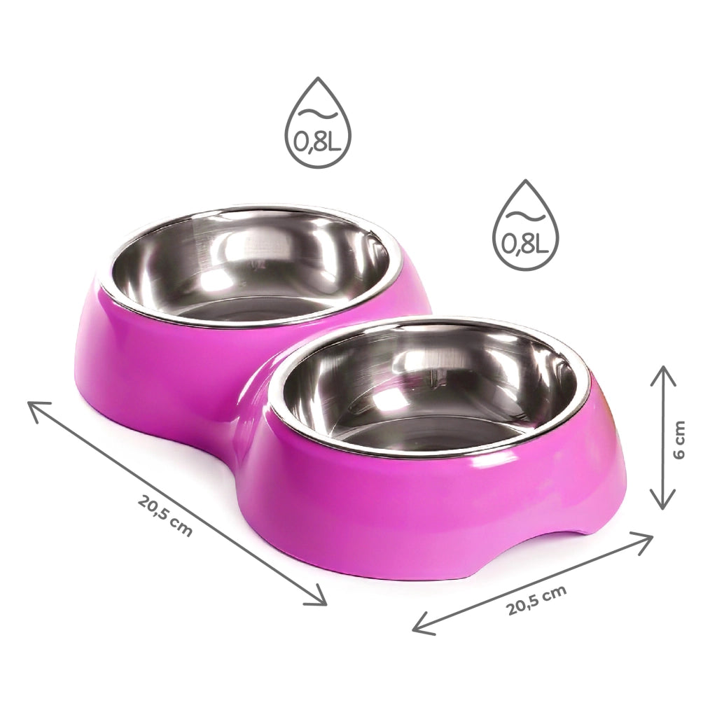 Ciotola Doppia per Cani e Gatti con 2 Vaschette in Acciaio Inox da 0,8 L, Dispenser Acqua e Cibo, Base in Plastica Resistente, 20,5 x 20,5 x 6 cm Viola