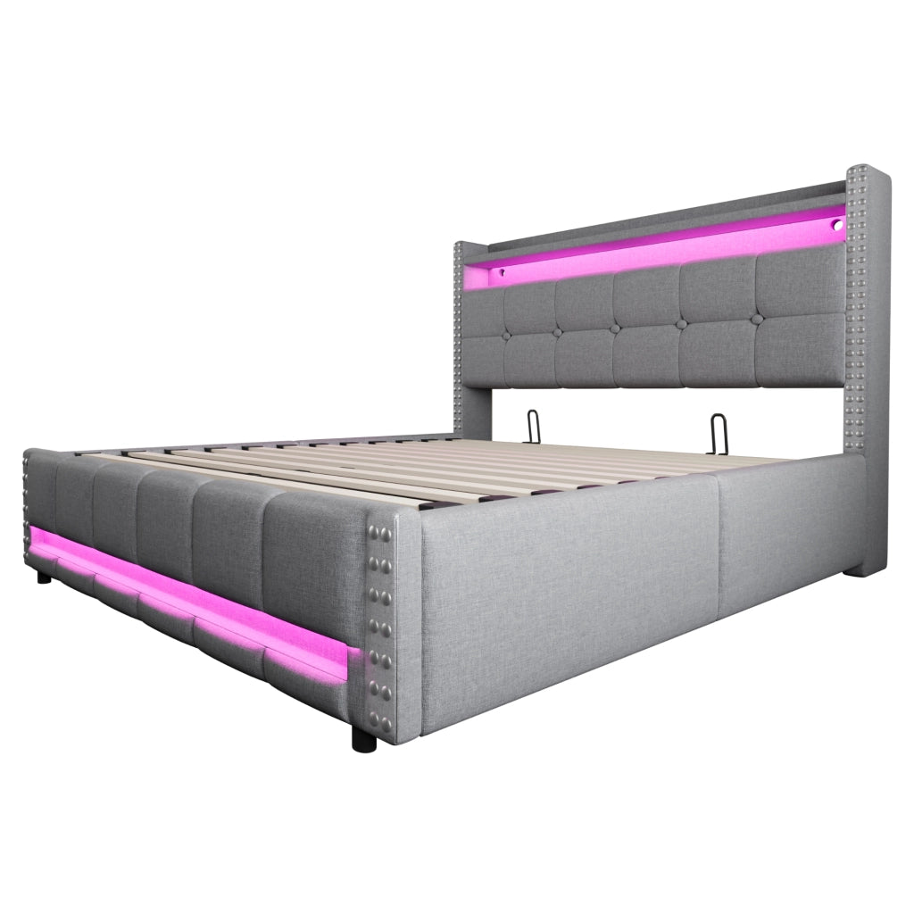 Letto Imbottito Contenitore Matrimoniale con LED e USB ¨C MINIMAL ¨C Tessuto Grigio Chiaro 160x200