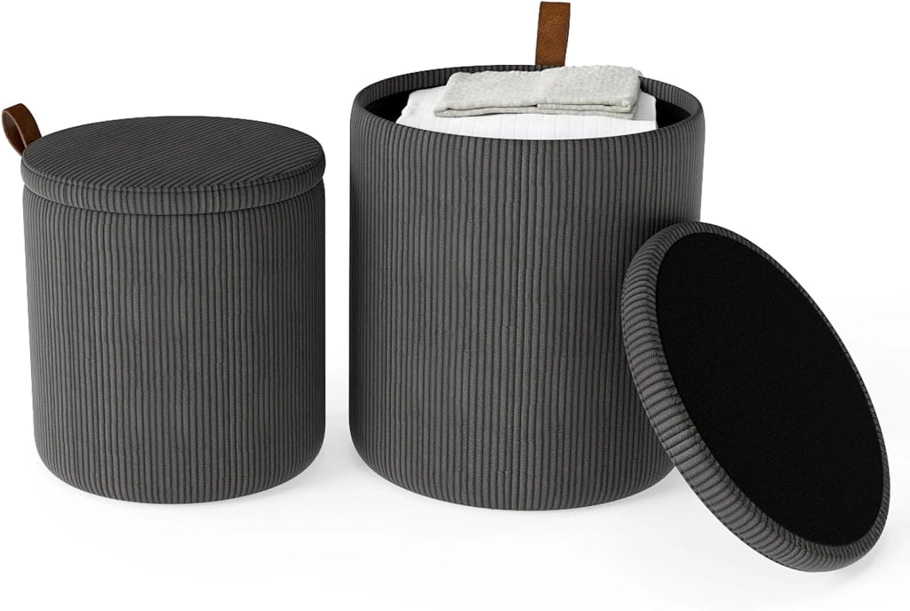 Set di 2 Pouf Contenitore in Velluto, Pouf Rotondi Imbottiti da 40L + 25L, Sgabelli con Contenitore per Soggiorno, Camera da Letto, Portata 150 kg (Grigio)