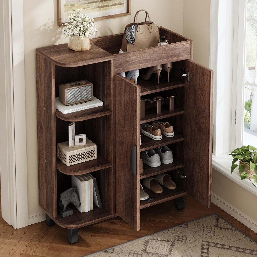 Scarpiera con 4 ante e vani aperti per ingresso 80×32×99 cm noce