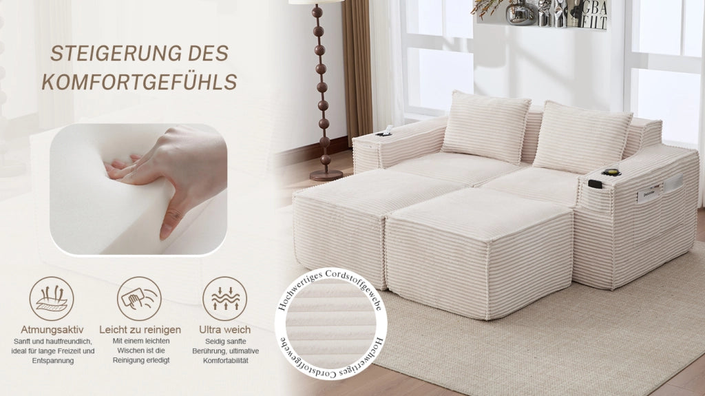 Divano modulare 2 posti in tessuto a coste con portabicchieri e tasche laterali beige 188 × 162 × 75 cm