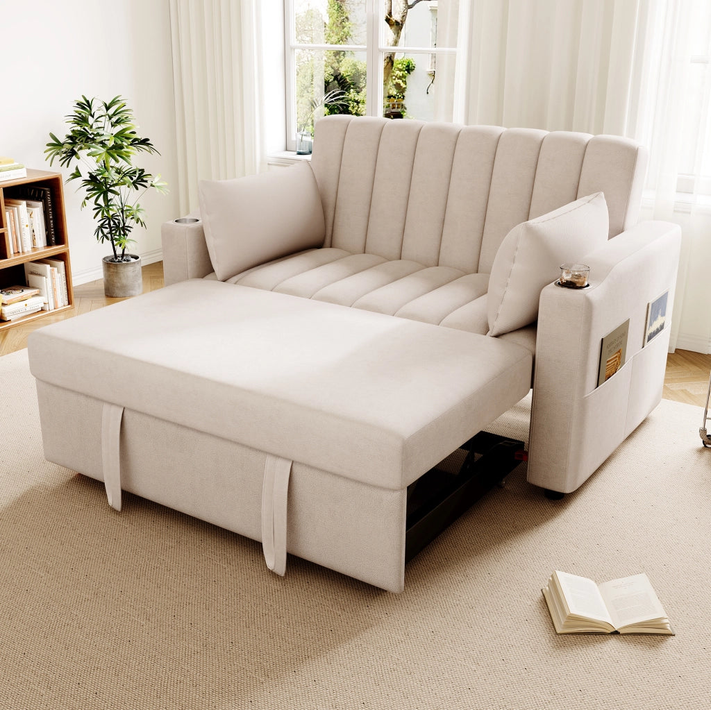 Divano letto multifunzionale 136x162x84 cm con schienale a 3 posizioni; 2 cuscini; cotone beige