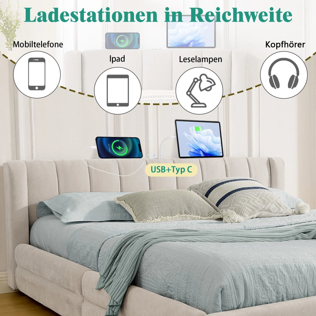 Letto con Cassetti 140x200 cm - 4 Cassetti; USB e Porta di Ricarica di Tipo C - Beige