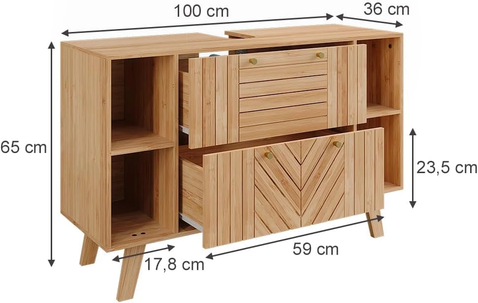 Mobile sottolavabo per bagno Lucie, Bambù, 100 x 65 cm con 2 cassetti, adatto per la conservazione salvaspazio di accessori da bagno