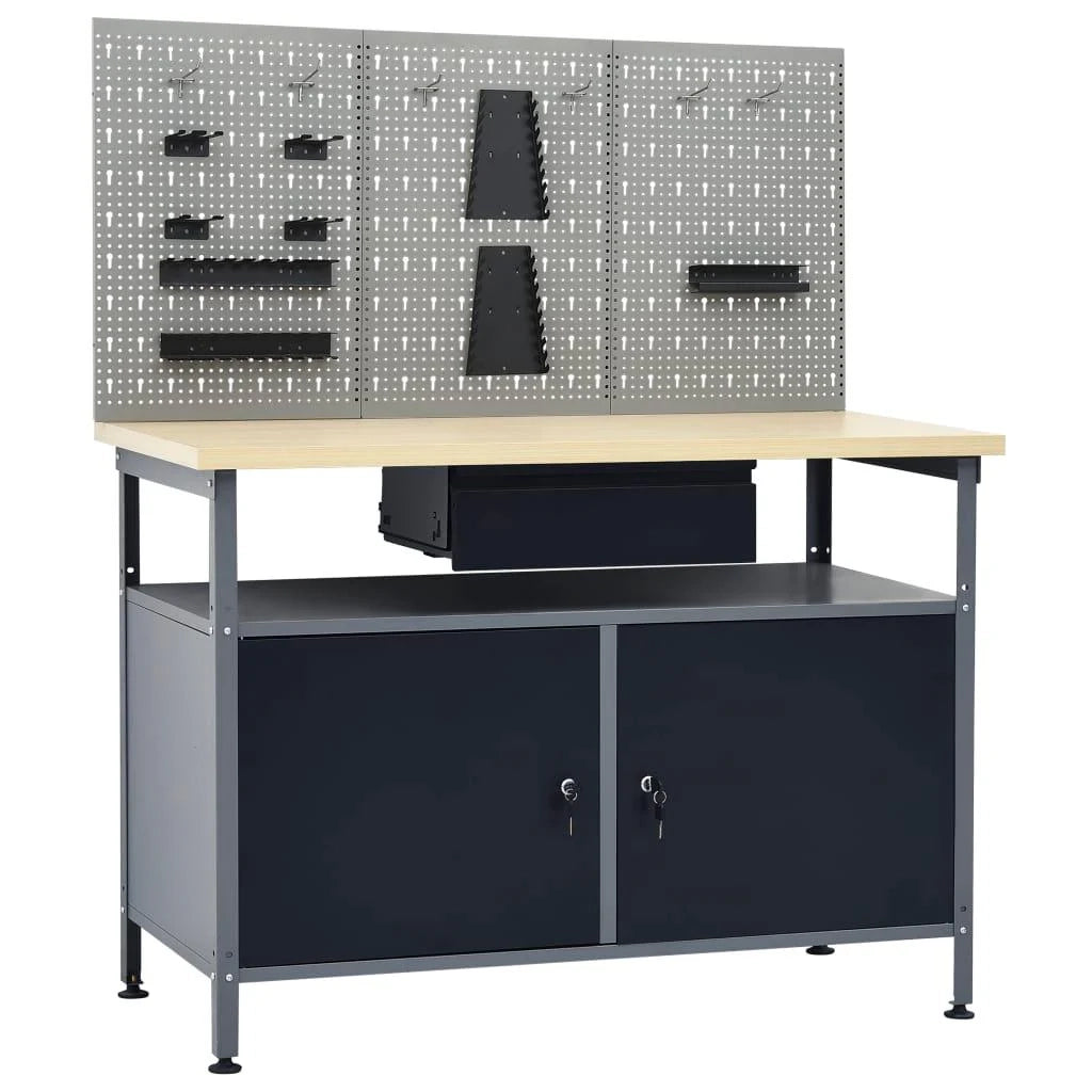 Banco da lavoro da 120 cm con 3 pannelli a parete e 1 mobiletto da officina tavolo da lavoro grigio/nero 02_0003657