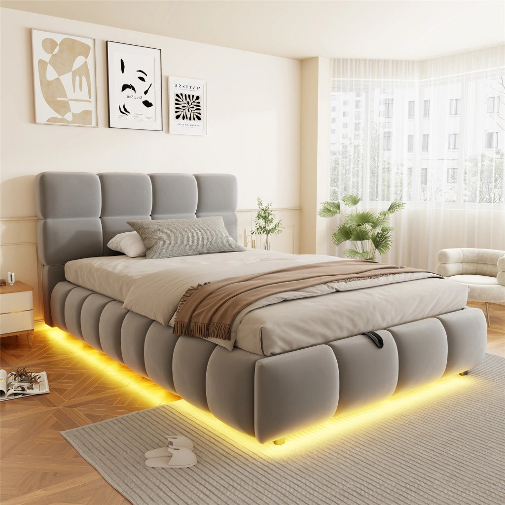 Letto imbottito singolo 90×200 cm con contenitore; LED e testiera; senza materasso; velluto; grigio