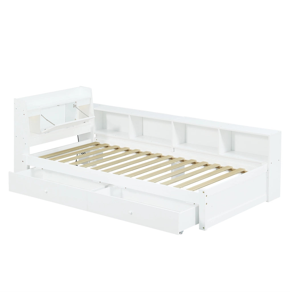 Letto singolo 90x200 cm con testiera con ripiano; cassetti e prese in legno bianco