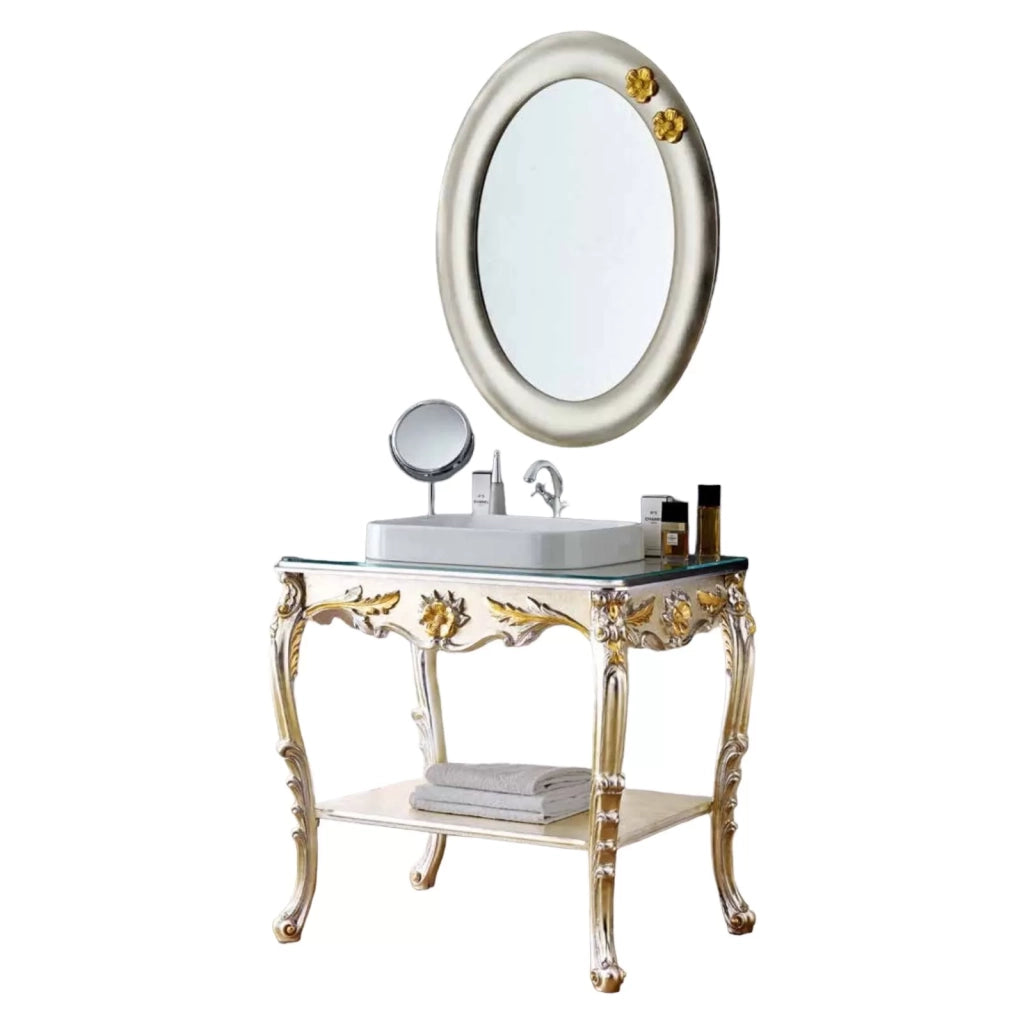 Mobile bagno barocca in foglia argento platino con particolari foglia oro misura : l. 85 x h. 85 x p.58