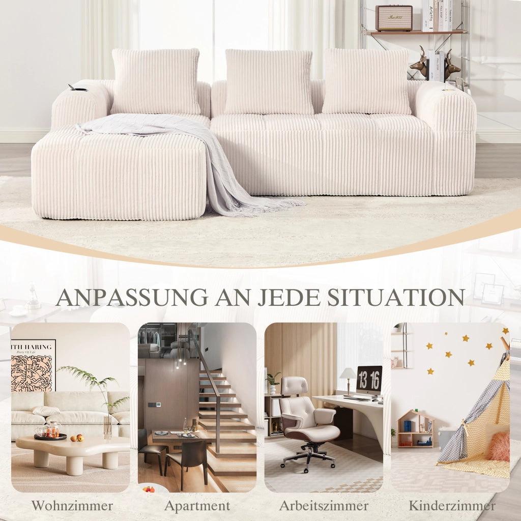 Divano modulare in velluto a coste con tasche laterali, portabicchieri e 3 cuscini, beige 253 × 158 × 61 cm