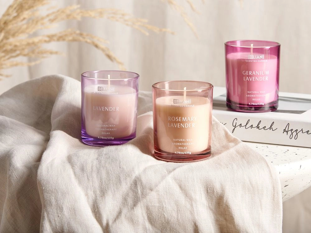 Set di 3 candele profumate multicolore 100% cera di soia stoppino di cotone vetro Naturale Fragranza fresca Lavanda, Rosmarino Lavanda,Geranio Lavanda