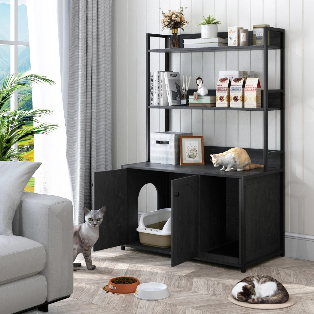 Mobile coperto per lettiera per gatti con 2 ante e ripiani, in metallo e legno, nero 96,2 × 55,2 × 16,2 cm