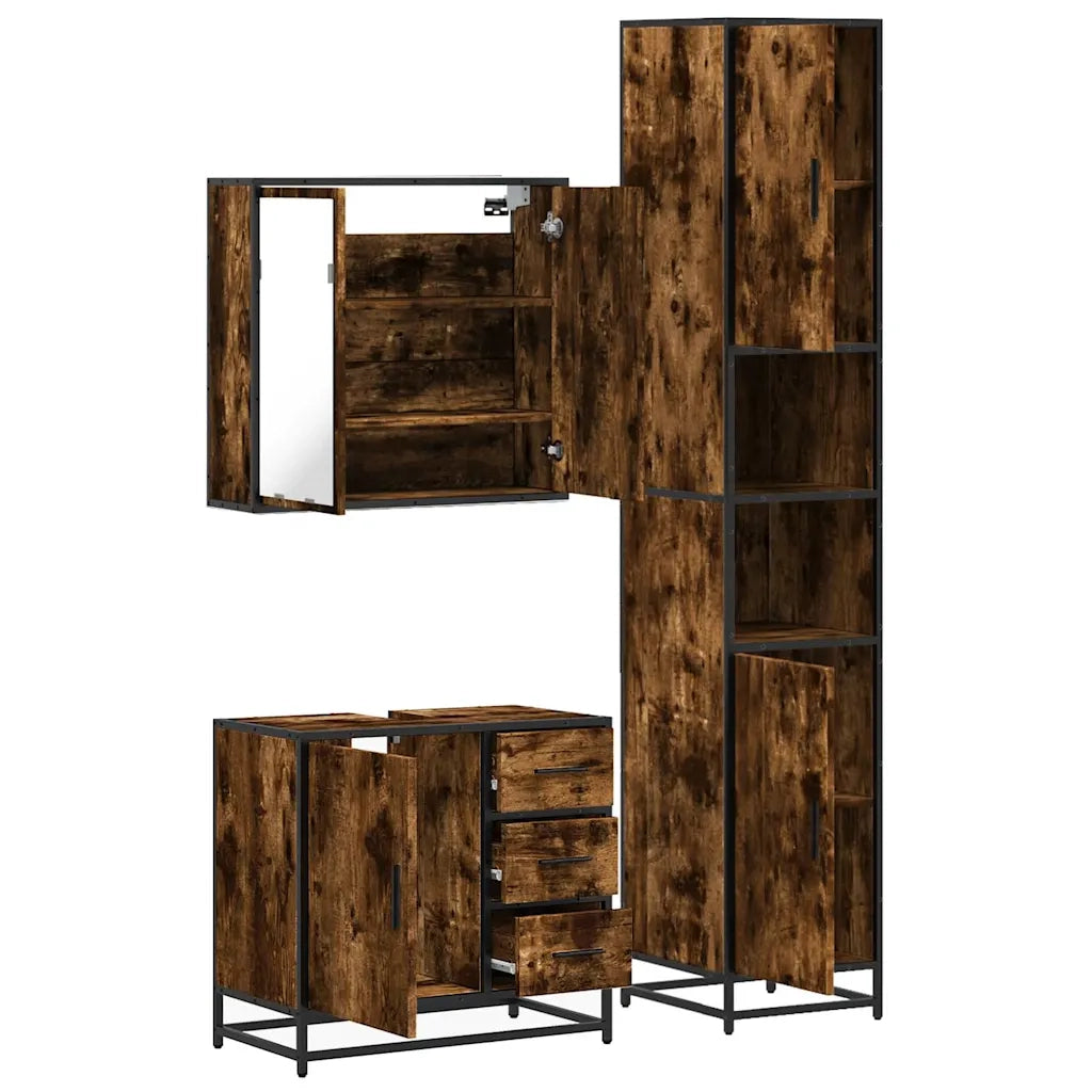 Set Mobili da Bagno 3 pz Rovere Fumo in Legno Multistrato 3301077