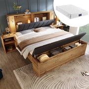 Letto matrimoniale 160x200 cm in legno effetto rovere con testiera reclinabile; luci LED USB; comodini; panca contenitore e materasso