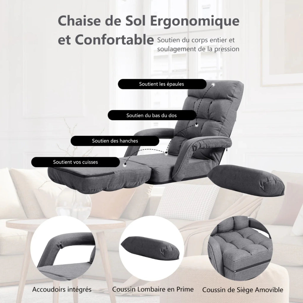 Poltrona trasformabile 55 x 66 x 71 cm 5 posizioni di seduta ergonomiche stile moderno lino grigio 20_0012078