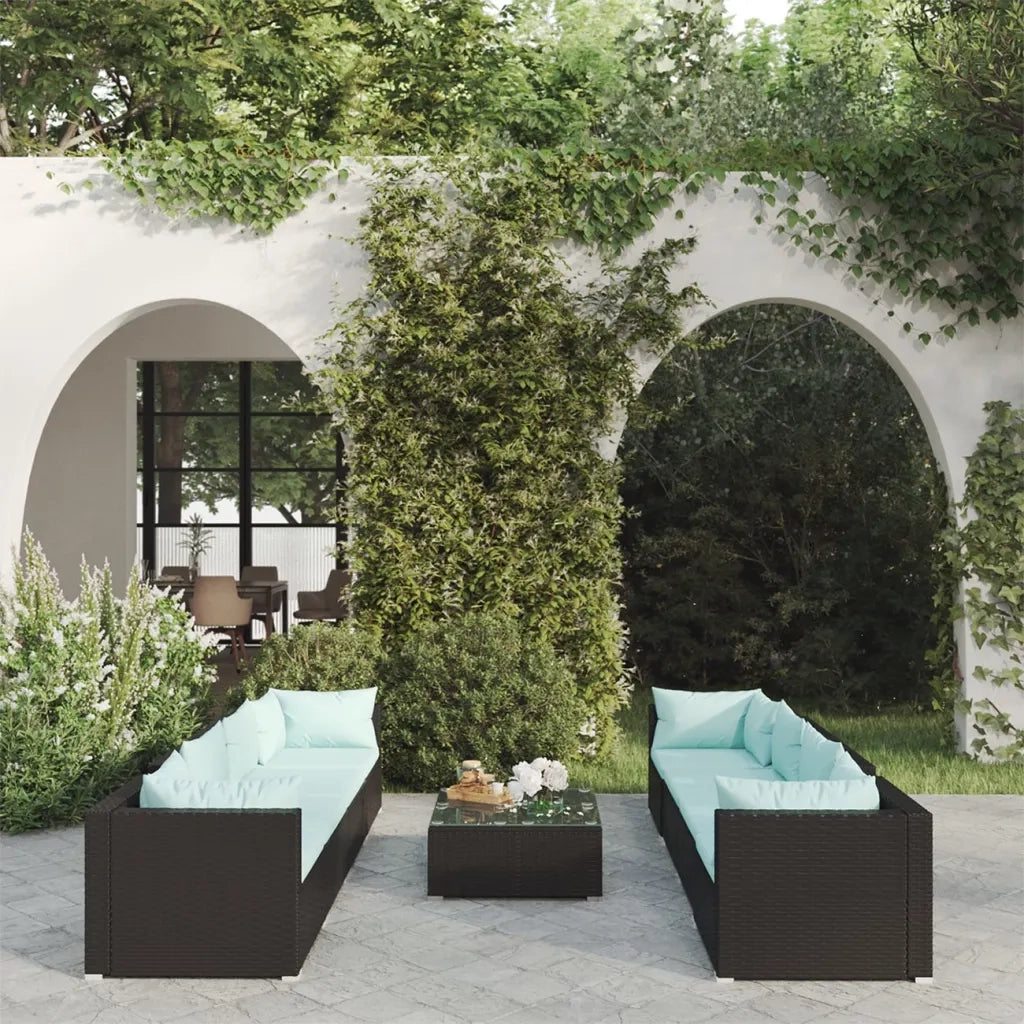 Set Divani da Giardino 9 pz con Cuscini in Polyrattan Nero 3101513