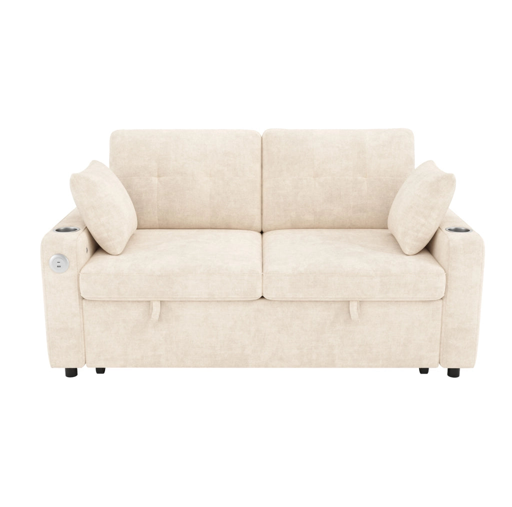 Divano letto estraibile 2 posti in ciniglia beige con LED; USB/Type-C e contenitore HOMVRA