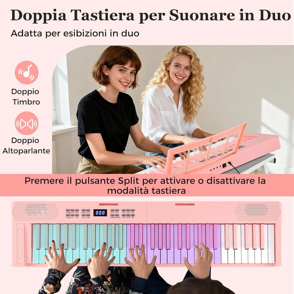 Tastiera Pianoforte Pieghevole a 61 Tasti, Tastiera Elettronica con Funzione MIDI, Cuffie, Pedale Sustain, Pianoforte Digitale Portatile per Principianti (Rosa)