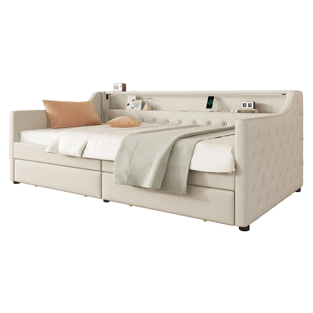 Letto a cassetti - Xylo - 90x200 cm - Lino Beige - Luci ambientali telecomando