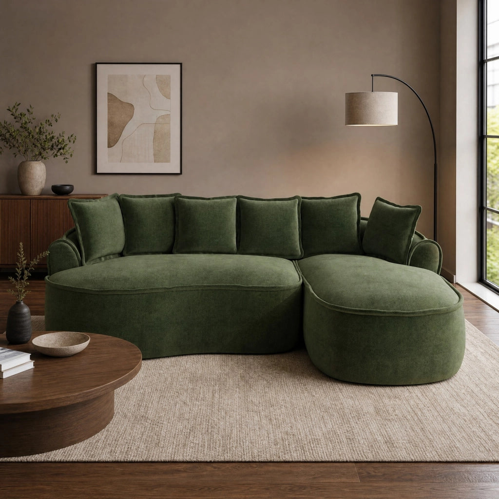 Divano modulare senza struttura con chaise longue profonda 122 cm; in ciniglia verde
