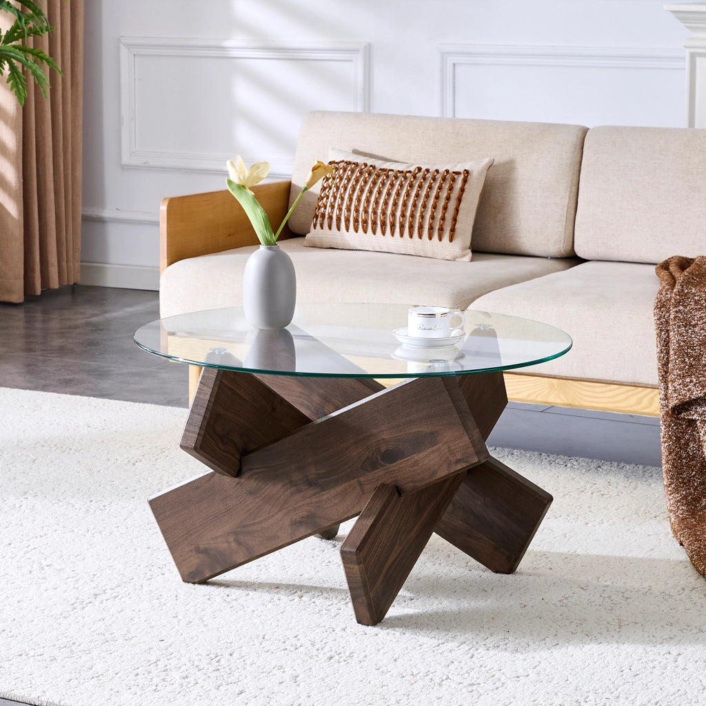 Tavolino da caffè rotondo in MDF e vetro Ø79 cm noce