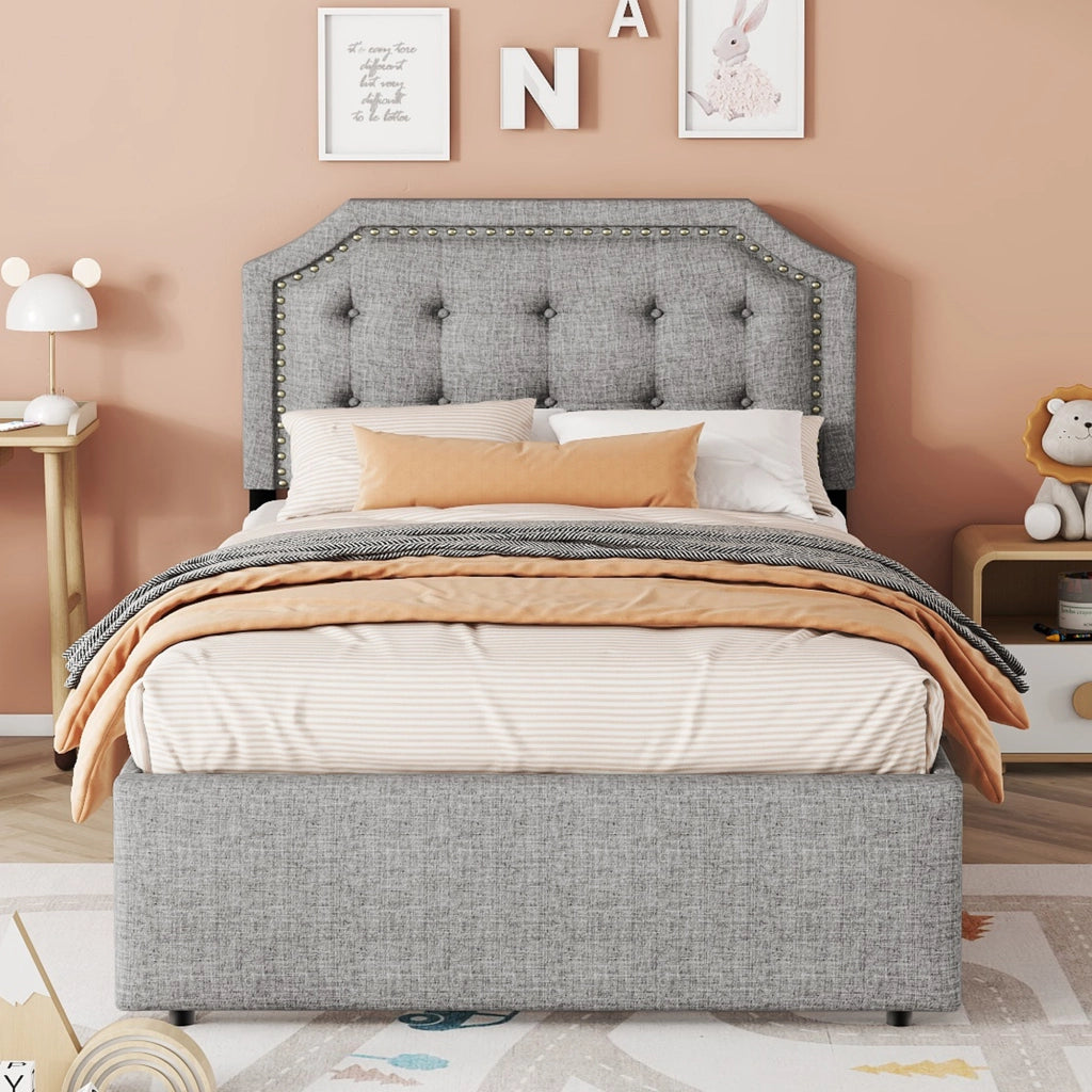LETTO imbottito 90x200 cm Grigio con 2 cassetti