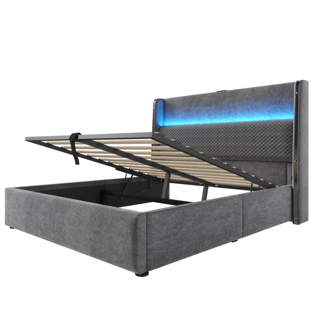 Letto contenitore 140x200 cm in lino grigio con testiera alta, LED, USB-C e materasso