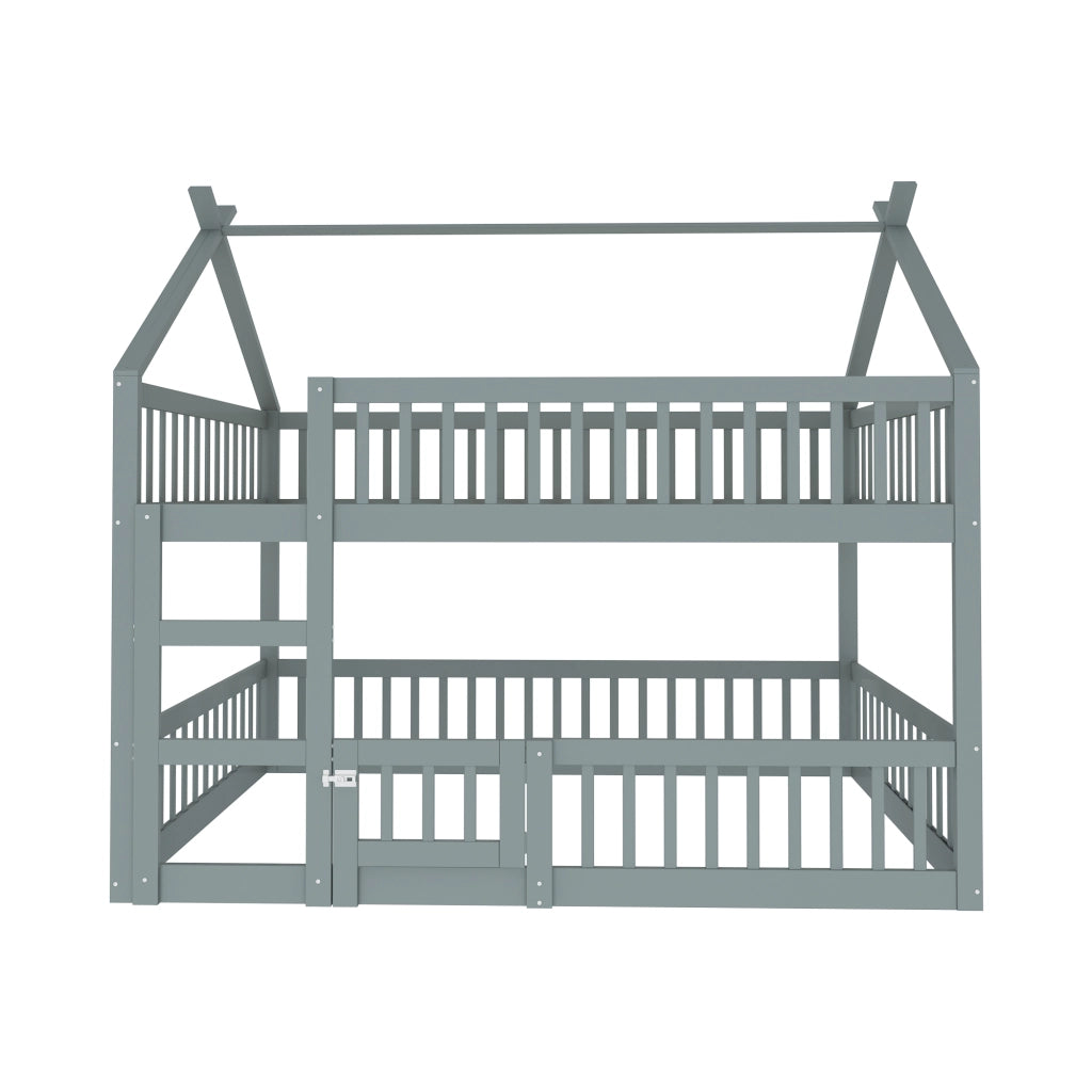 Letto a castello grigio con scala in legno massello 140x200 cm