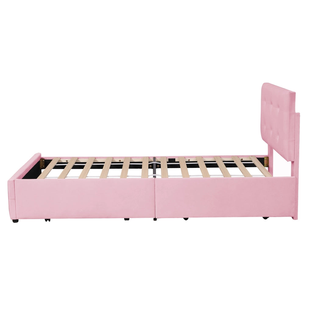 Letto singolo 90×200 cm con rete e cassetto; senza materasso; velluto; rosa