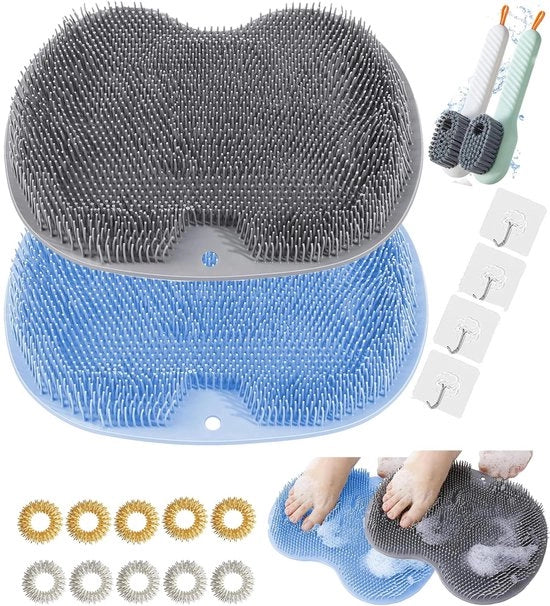 Due pezzi di spazzola per piedi, dispositivo di massaggio per piedi con doccia, panno in silicone per doccia con 10 anelli di acupressione + 2 spazzole per scarpe, morsetti antiscivolo per pedicure, cura e rilassamento dei piedi