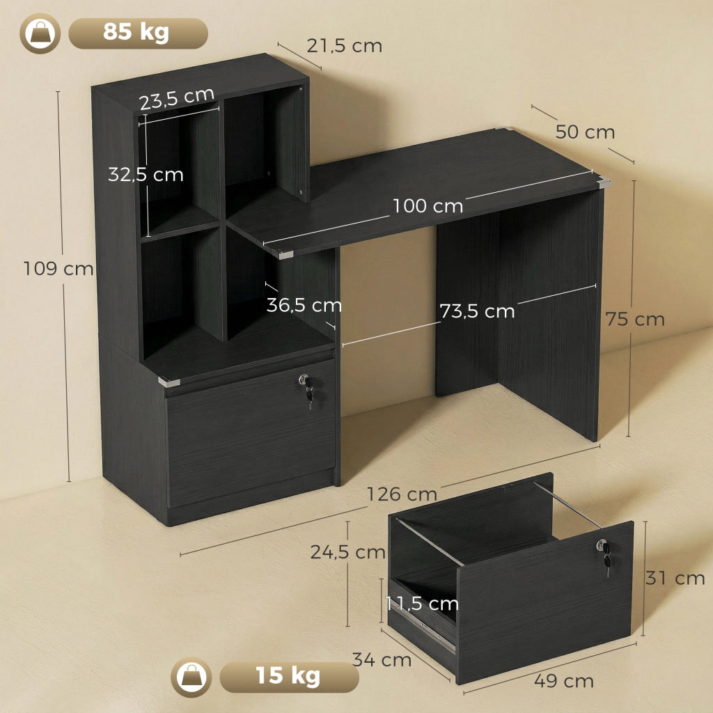 Scrivania con libreria e cassetto bloccabile ¨C Zephmum ¨C Nero, legno, 126x50x109 cm