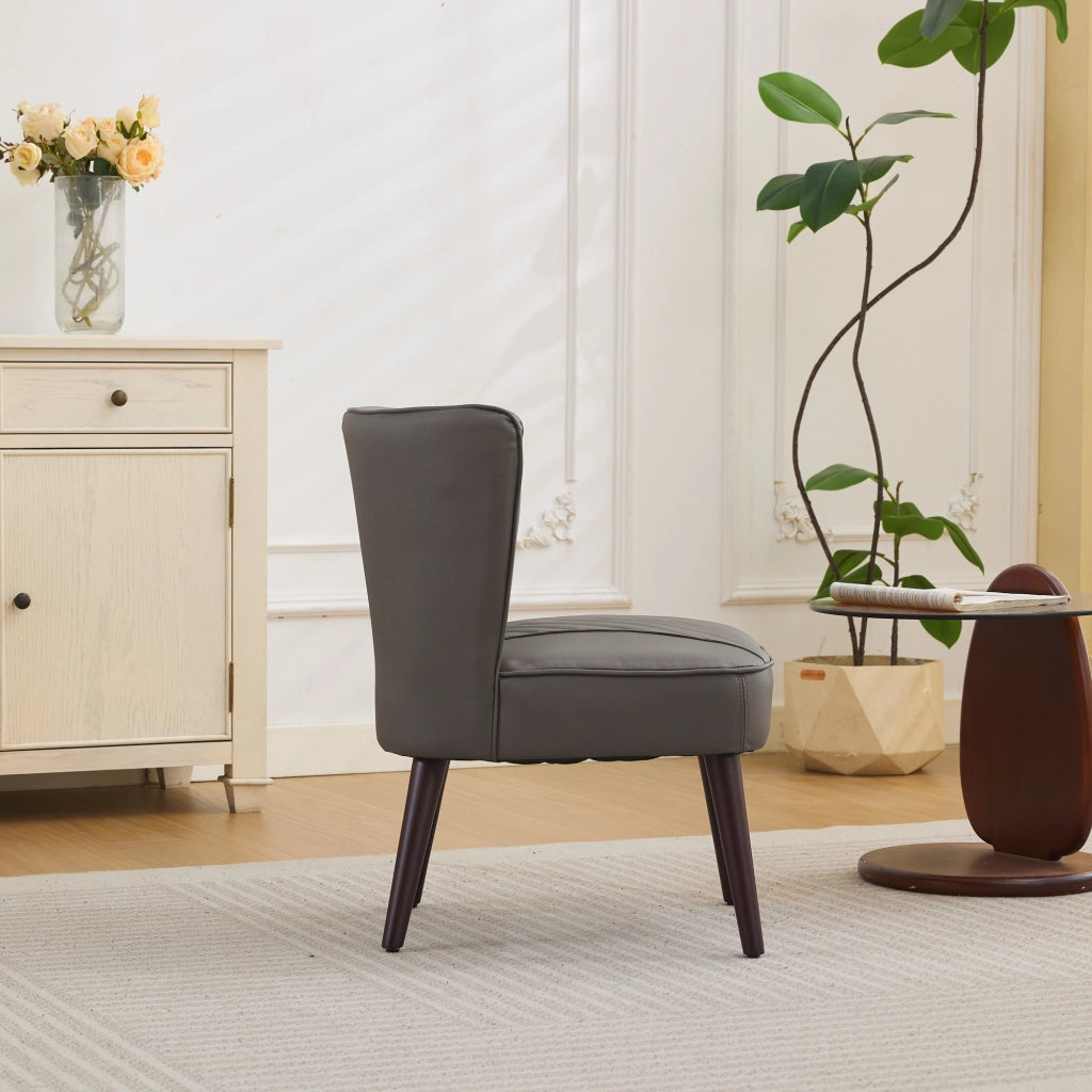 Poltrona senza braccioli in pelle con cuciture diagonali e base in legno - grigio